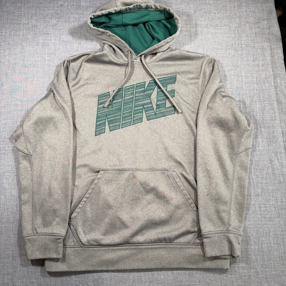 Nike Hoodie Mens M Gray Therma Fit Pullover Sweatshirt Fleece Teal Logo